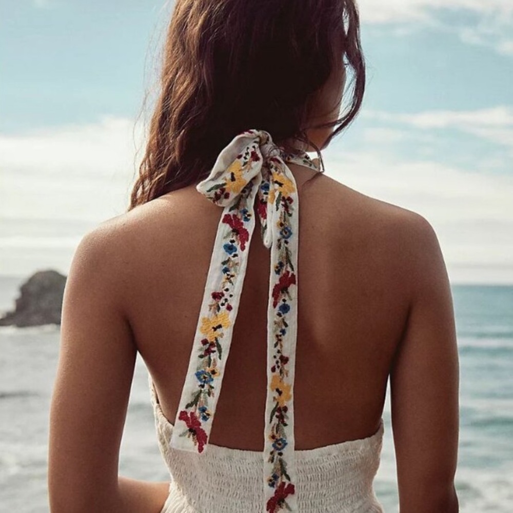 Free People White Embroidered Midi Dress with Red & Blue Floral Accents - Picture 6 of 10